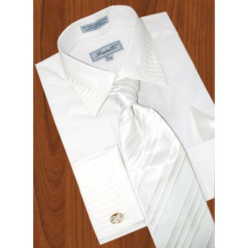 Fratello White Shirt With Pleated Collar/ Pleated French Cuffs  & Pleated Tie/Hanky Set FRV4103